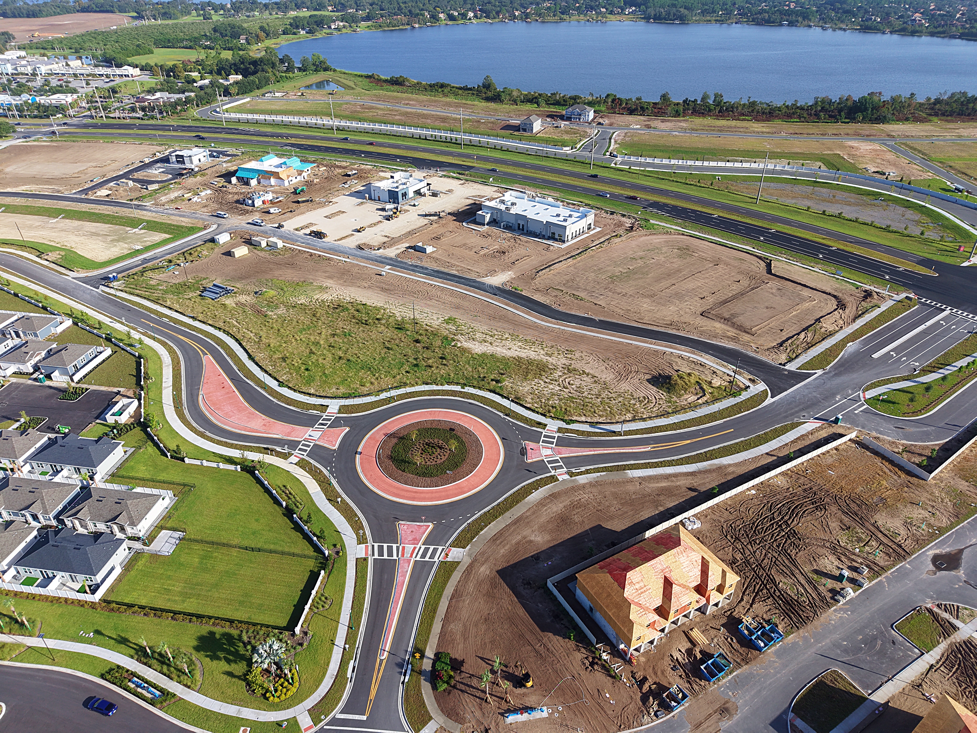 arial view of construction progress on a roundabout